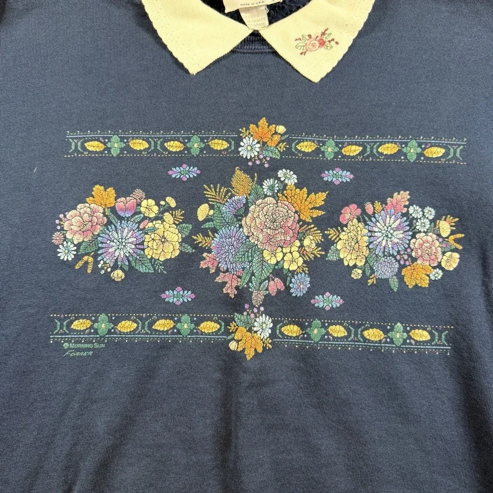 VINTAGE Grannycore Collared Crewneck Sweater XL Blue Embroidered Floral USA